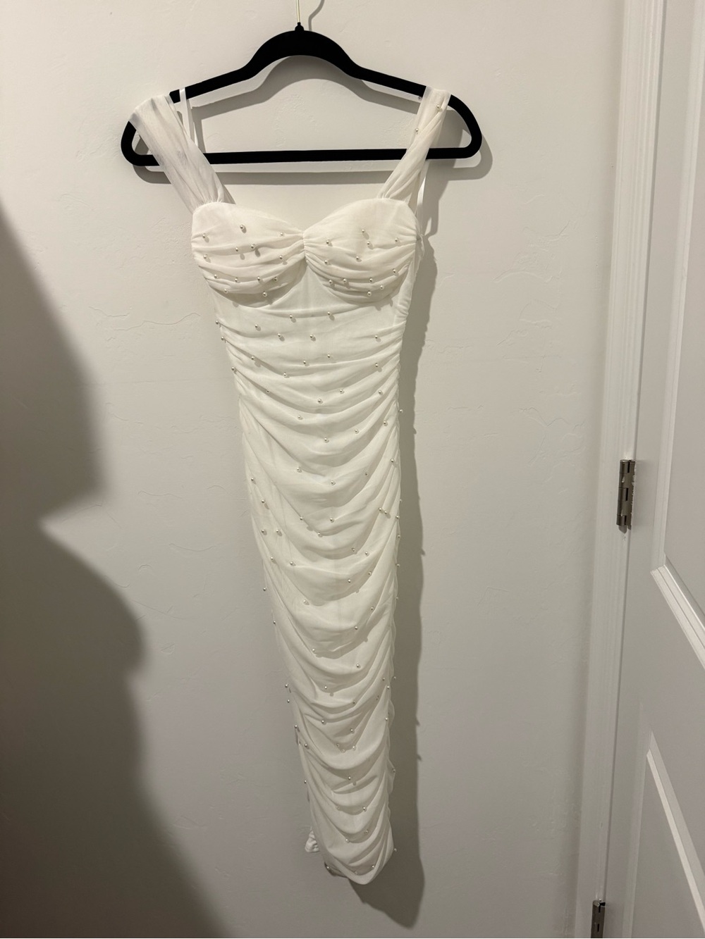 Windsor White Ruched Maxi Dress with Pearl Detail